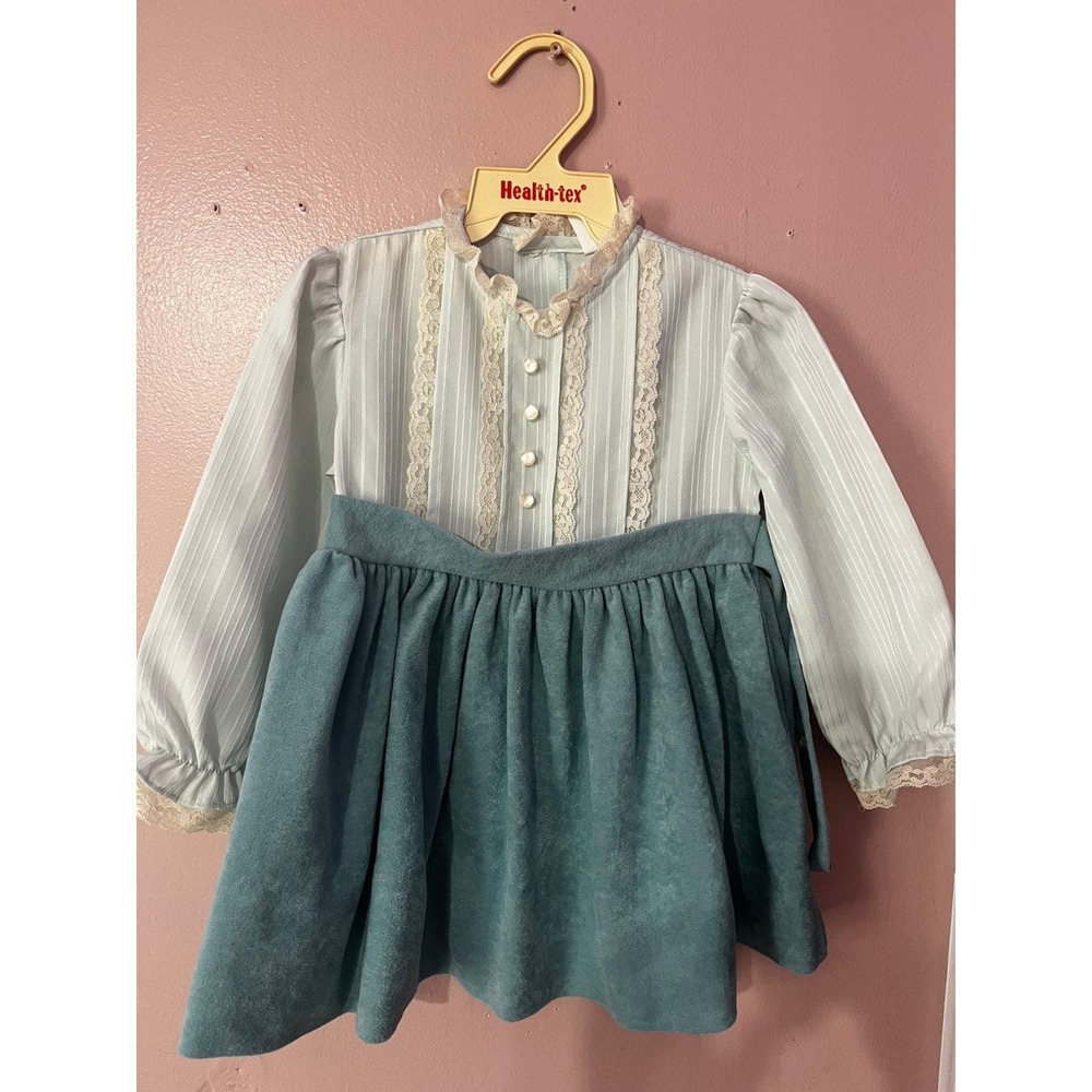 Vintage Nannette Toddler Girls Blue Lace Trim Velvet Skirt Dress 2T cottage